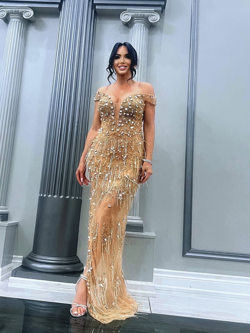Off-Shoulder Gold Sequin Fringe Wedding Gown